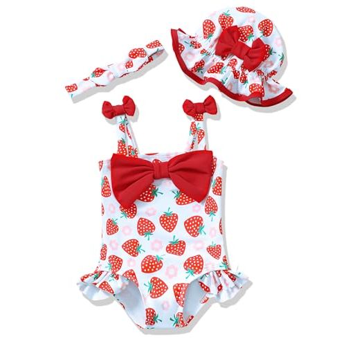 Renotemy Baby Girl Swimsuit Infant Bathing Suit Swimwear Sleeveless Bikini Tankini Toddler Girl One-Piece Swimsuit with Hat