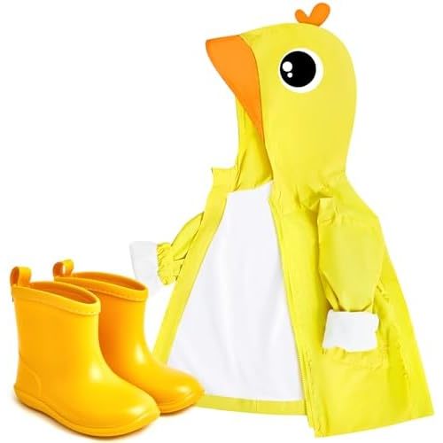 2 Pcs Toddler Raincoat Rain Boots Set Kids Baby Cartoon Hoodie Zipper Jacket Short Rain Shoes for Little Boys Girls