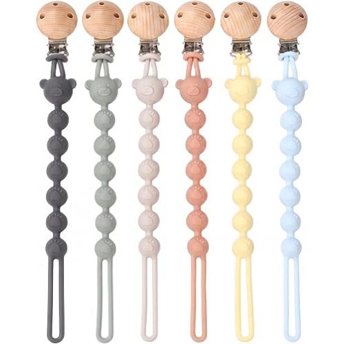 6-Pack Silicone Pacifier Clips, Wooden Clip Baby Pacifier Holder for Baby