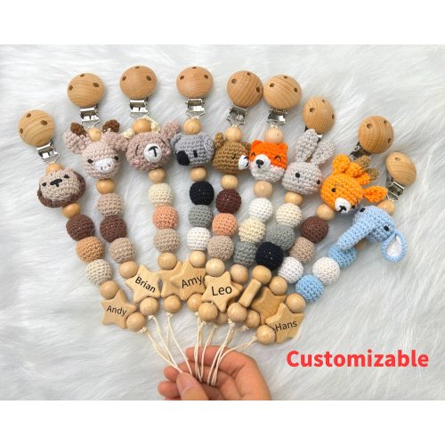 Custom Pacifier Clip With Crochet Animals-Custom Baby Pacifier Chain Rattle Ring-Personalized Dummy Clip-New Birth Gift