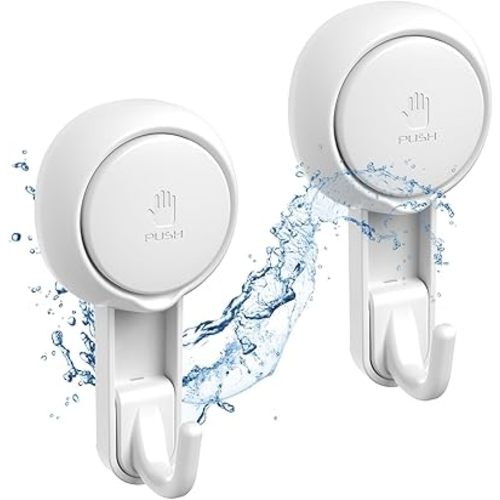 Marchpower Shower Hooks for Inside Shower Reusable Waterproof Utility Suction Cups Hooks - 2 Pack Heavy Duty Vacuum Hook Home Kitchen Bathroom Wall Holder Hanger for Towel Loofah Cloth Key & Ceiling