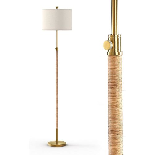 Farmhouse Rattan Floor Lamp for Living Room, Adjustable Height:65"-70" Brass Gold Standing Lamp, Boho Tall Skinny Pole Light with Oatmeal Shade for Bedroom Office