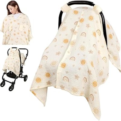 Muslin Car Seat Cover Baby Girls Boys, Summer Cotton Baby Car Seat Cover for Carseat, Comfortable Nursing Cover, Soft Baby Blanket, Breathable Lightweight Infant Stroller Canopy, Rainbow