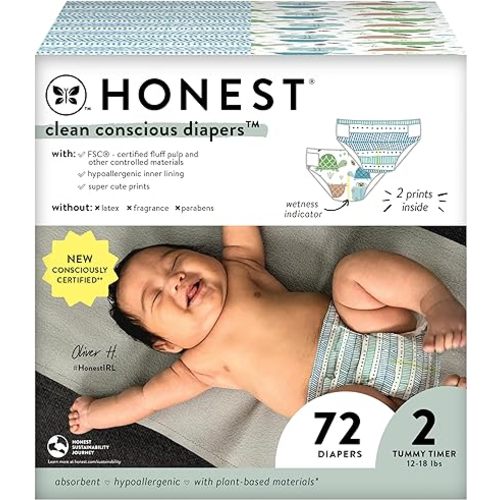 The Honest Company Clean Conscious Diapers | Plant-Based, Sustainable | Turtle Time + Dots & Dashes | Club Box, Size 2 (12-18 lbs), 72 Count