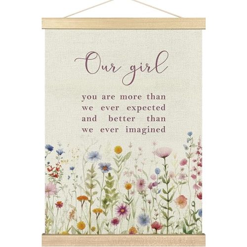 BCUANGD Girls Room Wall Art - Botanical Wildflower Wall Decor Poster Hanger with Wood Frames, Baby Shower Gifts for Girls Wall Hanging Canvas Decor for Nursery Kids Room, 12x16 Inches