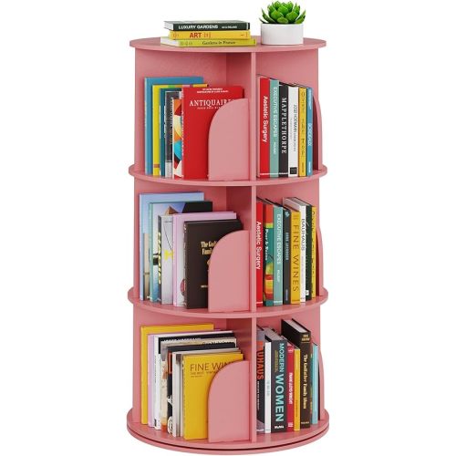 SpaceAid 3 Tier Rotating Bookshelf Tower, Spinning Bookcase Lazy Susan, Revolving 360 Book Shelf Storage Round Carousel, Vertical Rotate Turning Spiral Corner Organizer, Pink
