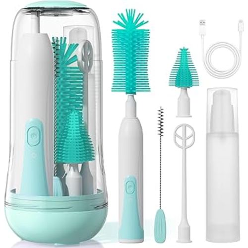 Electric Bottle Brush Cleaner, Baby Bottle Cleaning Kit with Nipple Straw Brushes Drying Rack ​​Soap Dispenser Rechargable Waterproof Multi-Purpose E-Brush Set for Travel & Home, Green