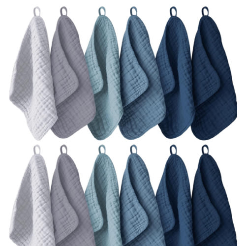 12 Pack Muslin Washcloths for Baby - 100% Cotton Baby Wash Cloths for or Baby Face Body Comfy and Soft for Newborn Infants Kids Girls and Boys - 12"x12" - Slate, Grey and Navy Series
