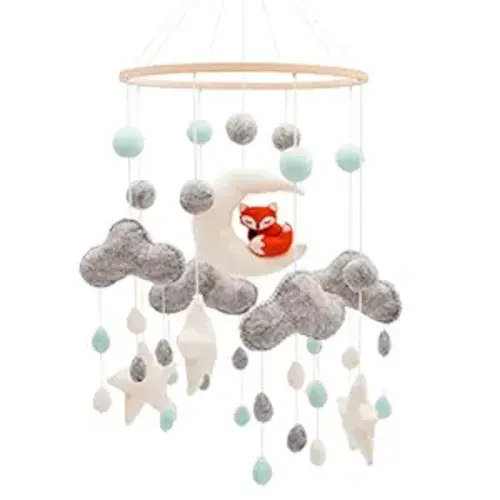 GLACIART ONE Baby Nursery Woodland Mobile for Crib | Gender Neutral Mobile for Forest Theme Nursery Decor | Felt Hanging Fox & Moon Room Decorations Handmade from Natural Wool | Great Gift Idea - Sleeping Fox