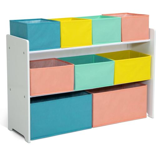 Delta Children Deluxe Multi-Bin Toy Organizer with Storage Bins - Greenguard Gold Certified, White with Blue/Orange/Pastel Bins