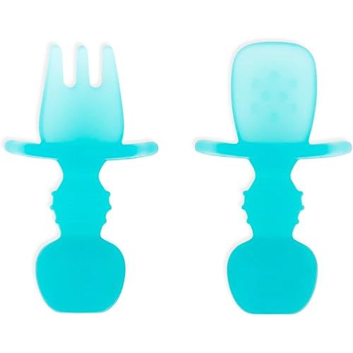 Bumkins Baby Utensils Set, Chewtensils Silicone Spoons for Dipping, Self-Feeding, Baby Led Weaning, Trainer Learning, First Stage Eating, Soft Practice Fork and Spoon, Babies 6 Months, Blue Jelly