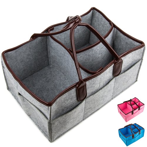 XERITA Large Baby Diaper Caddy - Premium Diaper Caddy Organizer - Nursery Organizer Tote Bag - Boy Girl Neutral Diaper Storage Bin - Baby Shower Gift - Grey Felt - Leather Handles