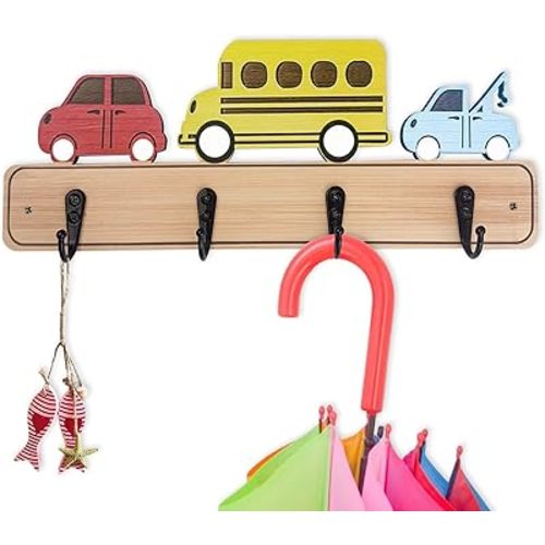 Wood Decorative Kids Wall Hooks for Hanging Giraffe Elephant Safari Nursery Decor for Clothes Hats Robes (car)