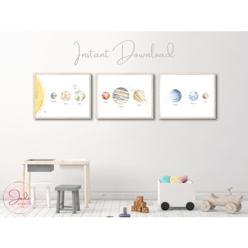 Set of 3 Planet Nursery Prints, Solar System Posters, Kids Bedroom Wall Art, Playroom Educational Print, Outer Space Theme Bedroom
