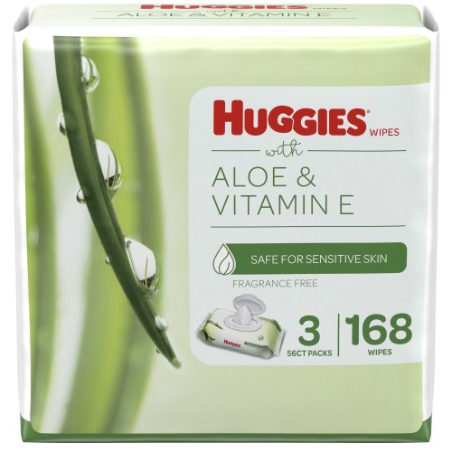Huggies Aloe & Vitamin E Wipes, Unscented, For Baby with Sensitive Skin, 3 Flip-Top Packs (168 Total)