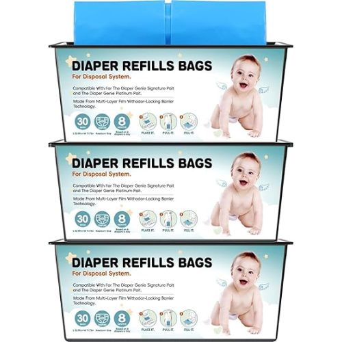 Diaper Pail Refills Bags with 30 Bags Compatible with For Genie Easy Roll Signature and Platinum Diaper Pails, 7-Layer Odor-Barrier Technology, 1 Pack (3 Pack)