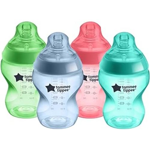 Tommee Tippee Natural Start Anti-Colic BPA Free Baby Bottles, 9oz, Slow-Flow Breast-Like Nipple for a Natural Latch, Designed for Seamless Transitions Between Bottle and Breast, Fiesta, Pack of 4