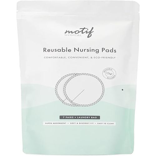 Motif Medical Reusable Nipple Pads for Breastfeeding - Washable Nursing Pads w/Laundry Bag - PUL Waterproof Back & Leak-Proof Bamboo Nursing Pads - Lactation Pads for Women (7 Pairs)