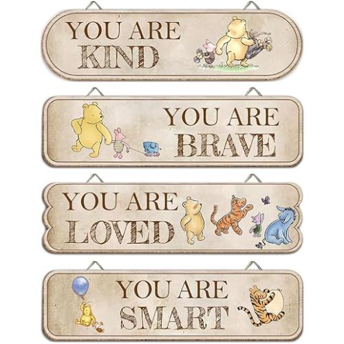 4PCS Classic Winnie Baby Room Decor, Pooh Nursery Decor, the Pooh Wall Decor Sign Gifts, You Are Kind Brave Inspirational Quotes, Adorable Winnie Sign for Home Bedroom Nursery