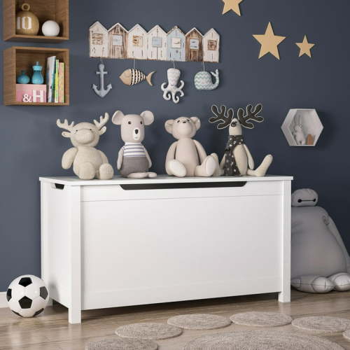 White Toy Chest for Boys Girls, Wooden Storage Bench Seat with Safety Hinge Lid, Kids Toy Box Organizer, Modern Storage Furniture for Entryway, Living Room, Bedroom, Toddler Room, L0291
