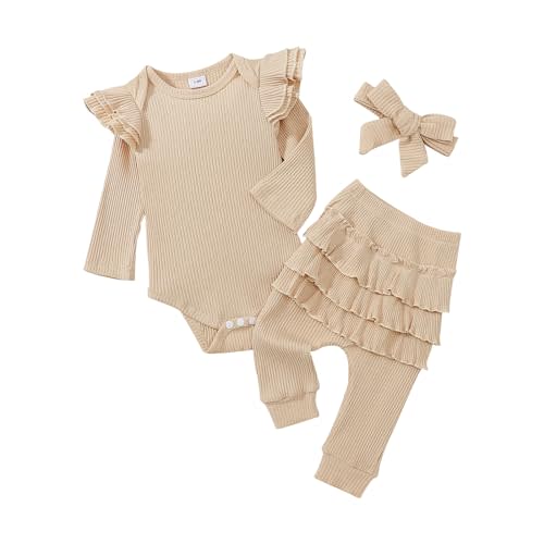 CETEPY Baby Girl Clothes Newborn Romper Long Sleeve Infant Outfits 3Pcs Ruffle Tops + Pants + Headband