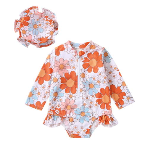 Baby Girls Swimsuit One Piece Floral Zipper Ruffle Bathing Suit Rash Guard Long Sleeve Summer Beach Swimwear