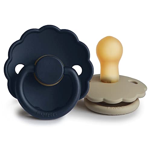 FRIGG Daisy Natural Rubber Baby Pacifier | Made in Denmark | BPA-Free (Dark Navy/Sandstone, 0-6 Months) 2-Pack