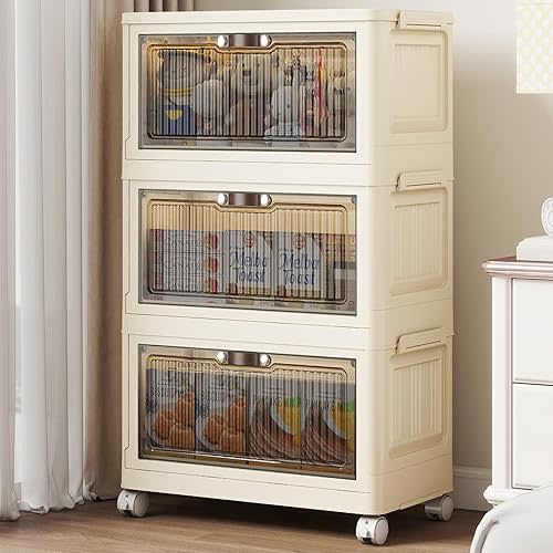 3 Tier - 48QT Storage Bins with Lids, Collapsible Storage Bins with Doors and Wheels, Plastic Storage Cabinet for Easy Storage and Organization for Living Room, Office