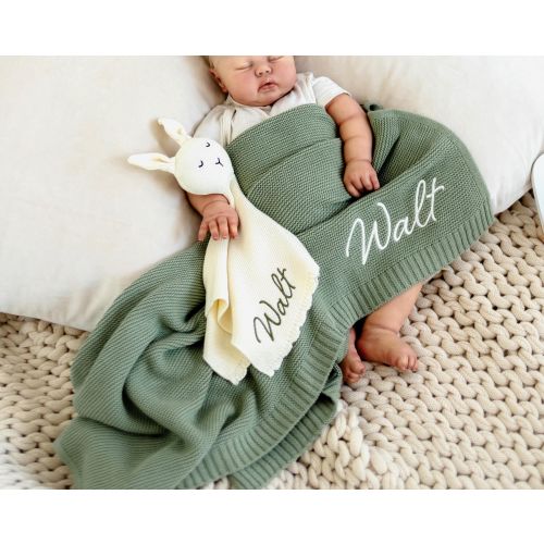 Baby Blanket Set, Baby shower Gift, Embroidered Name, Stroller Blanket, Newborn Baby Gift, Soft Breathable Cotton Knit