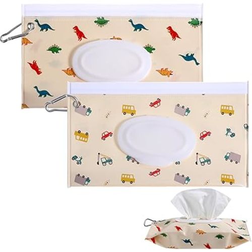 2 Pcs Baby Wipe Container with Hook Baby Wipe Dispenser Floral Pattern Wipe Holder for Diaper Bag for Baby Reusable Wipes Pouch Refillable Portable Wipes Dispenser(Cartoon Dinosaur)