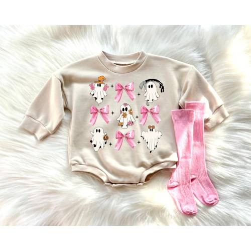 Baby Bubble Romper Halloween Baby Girl Halloween Outfit Sweatshirt Romper 1st Halloween Outfit Toddler Halloween Cute Coquette Bow Ghost