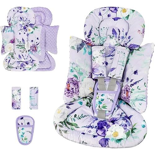 Infant Car Seat Insert and Strap Covers, Very Soft Car Seat Head Support Baby Girl Boy, Reversible Newborn Carseat Insert Cushion Fits for Stroller, Baby Swing, Bouncer (Purple Floral)