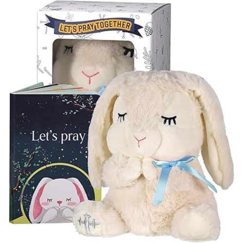 Baptism Gifts for Boys, Baby Dedication Gift, Christening Gifts for Baby Boys, Baptism Gifts Set Include 7'' Plush Bunny and Let's Pray Book in Keepsake Box.