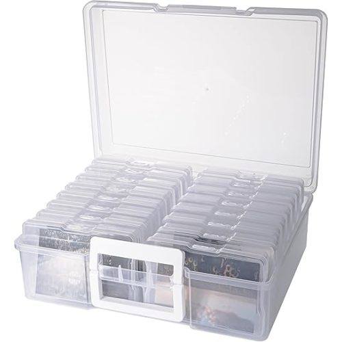 Plastic Clear Photo Storage Box Picture Storage Containers With Handle,16 inner 4×6 inch Photo Cases For Photos,Picture,Greeting Card,Stickers,Seed,Craft Supplies (Clear)