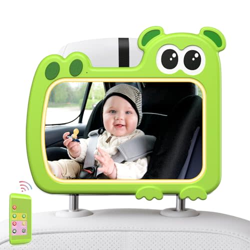 2-in-1 Baby Car Mirror with Lights & Soft Sounds, Cry Detector, Clear Night View, 360° Rotation, Shatterproof, Rear Facing Baby Car Seat Mirror with Remote Control, Perfect Baby Shower Gifts (Green)