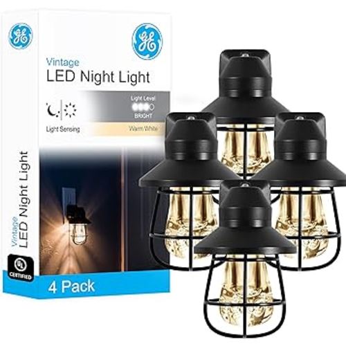 GE Vintage LED Night Light, Plug-in, Dusk to Dawn Sensor, Farmhouse Decor, Mood Lighting, Home Decor, Ambient Lighting, LED Lights for Bedroom, Bathroom, Kitchen, Hallway, 62461, Black, 4 Pack