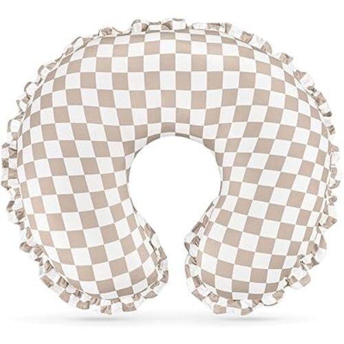 DILIMI Nursing Pillow Cover, Removable Ruffled Pillowcase for Breastfeeding Pillows, Ultra Soft Comfortable Slipcover for Baby Girl and Boy, Coffee Gingham