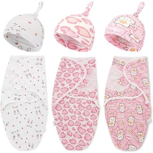 Chuarry 3 Pack Preemie Swaddle Blanket with Hat Set Preemie Hats Baby Receiving Blanket Swaddle Wrap for Newborn(Cute Style)