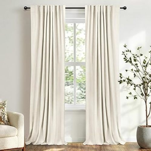 100% Blackout Shield Linen Blackout Curtains for Bedroom 84 Inches Long, Back Tab/Rod Pocket Living Room Drapes, Thermal Insulated Blackout Curtains 2 Panels Set, 50" W x 84" L, Beige White