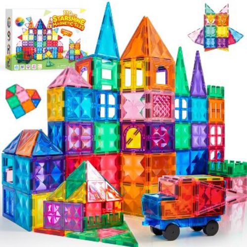 Joyfy 110Pcs Starshine Magnetic Tiles Set, STEM Toy Building Set for Kids Aged 3-8, 3D Magnet Blocks, Learning Educational Gift for Birthday Christmas