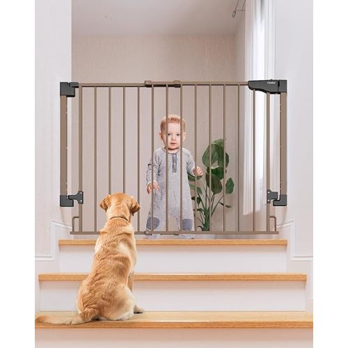 Cumbor 29.2–43" Baby Gate for Stairs, Wall-Mounted (Drill Required), Expandable No Bottom Bar Dog Gate, Auto Close Extra Wide Walk Thru, Pet & Toddler Proof Gate, Top & Bottom of Stairways (Brown)