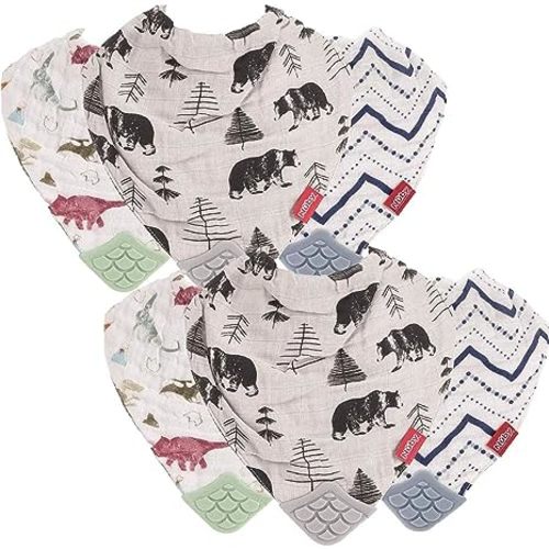 Reversible 100% Natural Cotton Muslin 6 Piece Teething Bib, Green/Grey/Blue