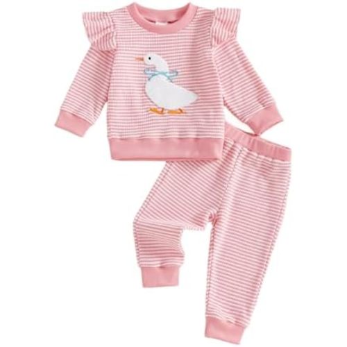 Baby Girl Fall Clothes Set Long Sleeve Crewneck Sweatshirts Pants Infant Newborn Waffle Stripe Outfits 6 12 18 24 Months
