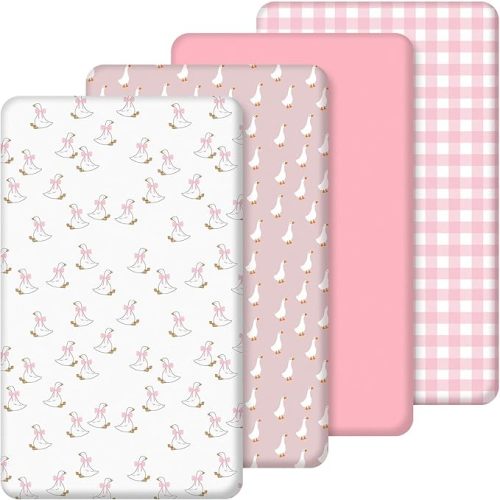 4 Pack Silly Goose Crib Fitted Sheet for Boys Girls - 52" x 28" Fitted Baby Sheet with Goose and Gingham Style for Standard Mattress Gift Set, Microfiber & Soft Breathable(Pink)