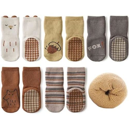 Exegawe Baby Non Slip Socks Winter 5 Pairs Kid Thick Warm Crew Socks with Grips