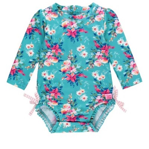 RuffleButts Baby/Toddler Girls Long Sleeve UPF50+ One Piece Rash Guard - Fancy Me Floral, 6-12m