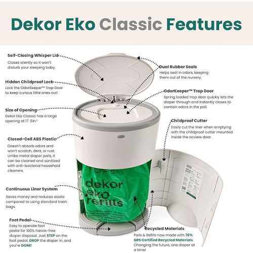 Diaper Dekor EKO Classic Diaper Pail, White | ONLY Eco-Friendly Diaper Pail Made with 70% Recycled Materials | Hands-Free: Step–Drop–Done | Cost-Effective Refill System