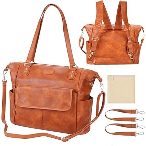Diaper Bag Tote Fashion Leather Diaper Bag Backpack with 13 Pockets for Mom Dad, Large Travel Baby Bag Purse for Boys Girls with 3 Insulated Pockets, Changing Station - Brown