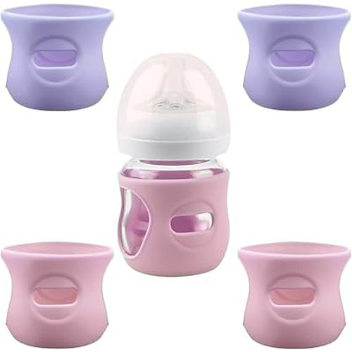 4 Pack Silicone Sleeves for Avent Natural Glass Baby Bottles, Anti Breakage Baby Bottle Holder, Compatible with Philips Avent Glass Natural Baby Bottle, BPA Free (Pink Purple, 4 OZ)