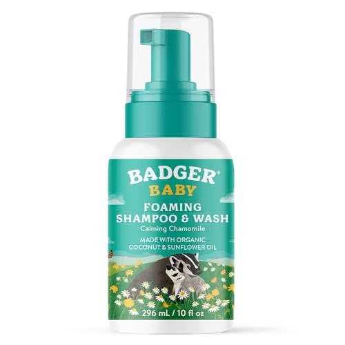 Badger Calming Chamomile Foaming Baby Shampoo and Body Wash, Organic Gentle Newborn or Toddler Soap, 10 fl oz